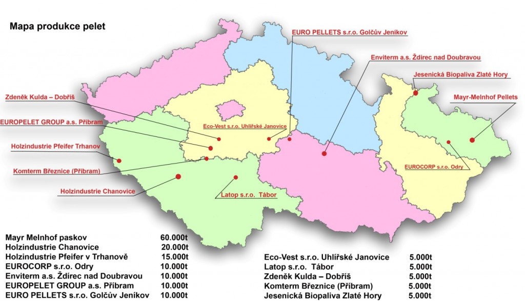 Mapa výrobců pelet v ČR, CDP.cz, 2011